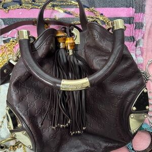 Gucci Dark Brown Embossed Leather Tassel Satchel with Gold Hardware